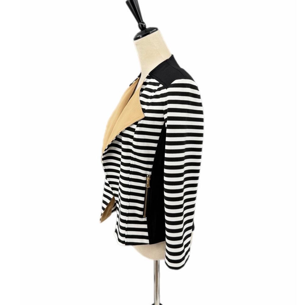 Chico’s Sz 0 Black & White Stripe Tan Ponte Knit Slim Fit Blazer Moto Jacket - Picture 2 of 12